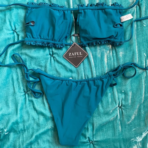 NWT ZAFUL Size S Adjustable Teal Bandeau Bikini with Brazilian Bottom - Picture 3 of 6